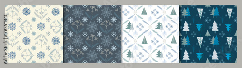 A set of seamless patterns with Christmas trees, branches and snowflakes. Vintage, whimsical, abstract winter forest.