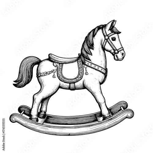 Rocking horse, black and white sketch. Vector illustration. A child's toy with a saddle, isolated on a white background.