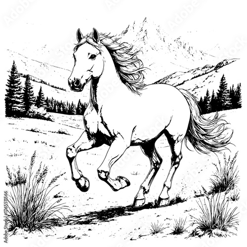 Running horses on the prairie, black and white sketch. Vector illustration. A cute horse with a mane that stands out against a white background. Mountains, fields and trees