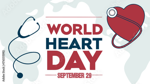World Heart Day Awareness Banner: Medical Stethoscope and Heart Symbol with Global Map Background