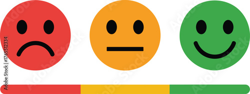 Three emotional emoticons with corresponding color bars indicating negative neutral and positive feedback or ratings