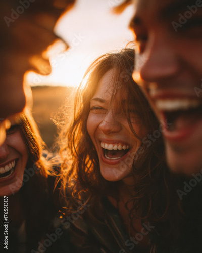 Candid moment of friends laughing under golden sunlight with joyful expressions and warm natural light creating happy atmosphere