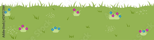 Cute Green Grass Field with Colorful Flowers Flat Vector Illustration