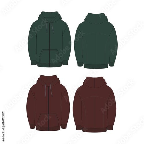 Front and back view of zip-up hoodies in dark green and burgundy colors