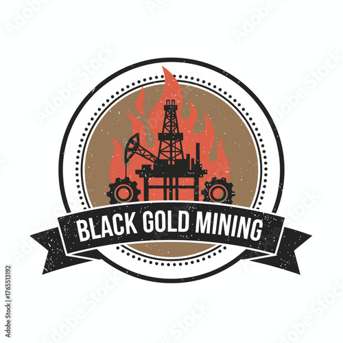 Retro Oil Rig Fire Mining Badge Vector
