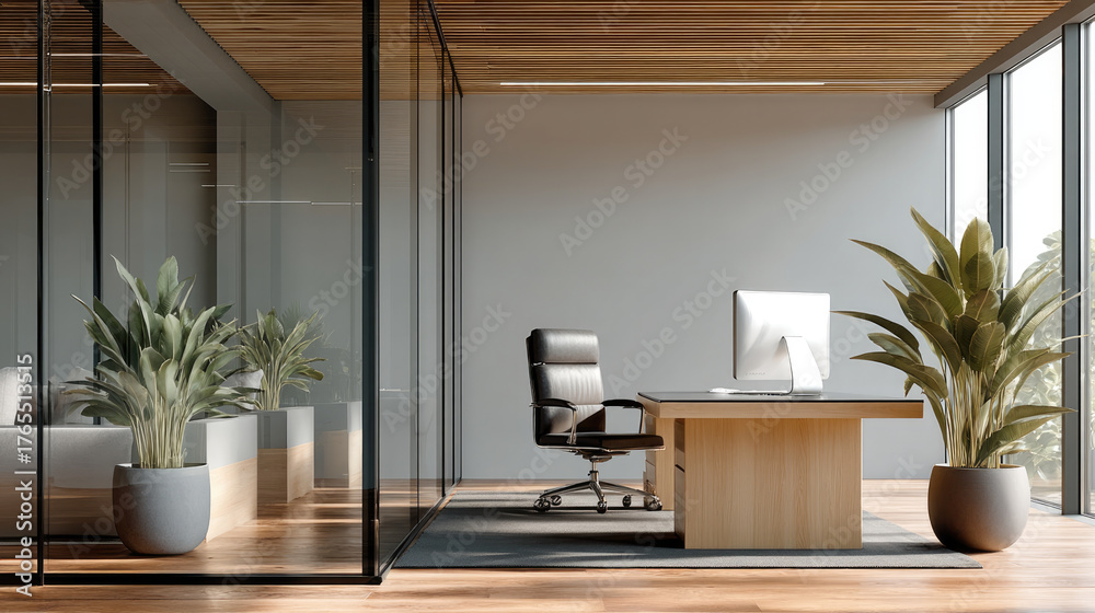 Fototapeta premium Modern minimalist office interior with large windows, wooden floor, glass walls, potted plants, and sleek desk creates calm workspace