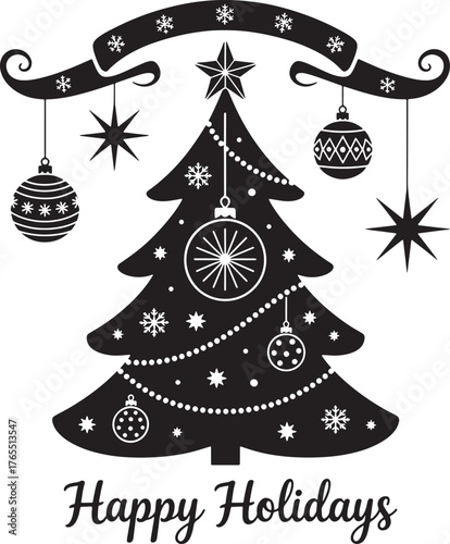 Happy Holidays Christmas Tree Silhouette with Banner and Ornaments
