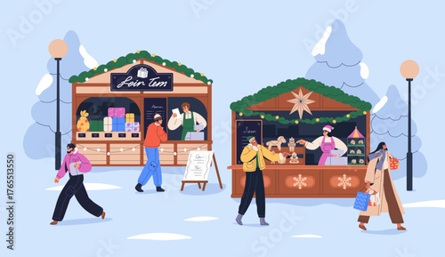 Christmas fair, market. Outdoor stalls, stands on winter holiday. People walking by festive booths, street shops with gifts, souvenirs. Seasonal Xmas advent preparations. Flat vector illustration