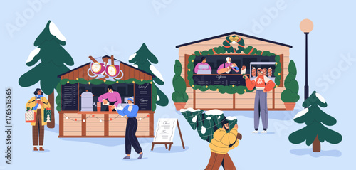 Christmas market with seasonal street food and hot drinks. People walking outdoors in snow, winter holiday fair. Festive Xmas and New Year booths, huts at wintertime. Flat vector illustration