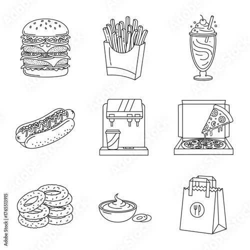 Outlined illustrations of various fast food items and restaurant elements.
