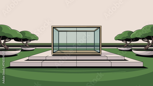A glass box on a platform surrounded by bonsai trees in a minimalist cartoon style landscape scene