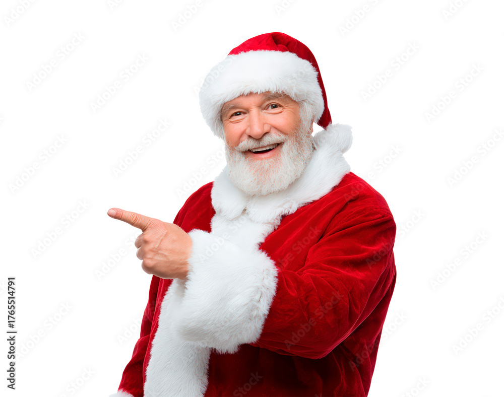 Naklejka premium Cheerful santa claus pointing for christmas holiday promotions on transparent background