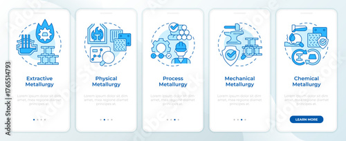 Types of metallurgy blue onboarding mobile app screen. Metalworks. Walkthrough 5 steps editable graphic instructions with linear concepts. UI, UX, GUI. Montserrat SemiBold, Regular fonts used