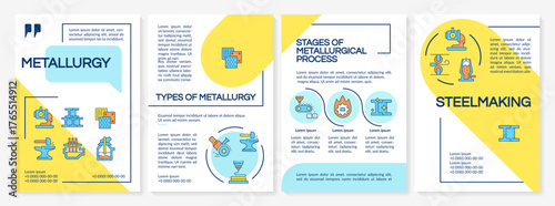 Metallurgy yellow and blue brochure layout. Types, stages of steelmaking. Heavy industry. Leaflet advertising design with color line icons. Editable 4 pages. Questrial, Lato-Regular fonts used