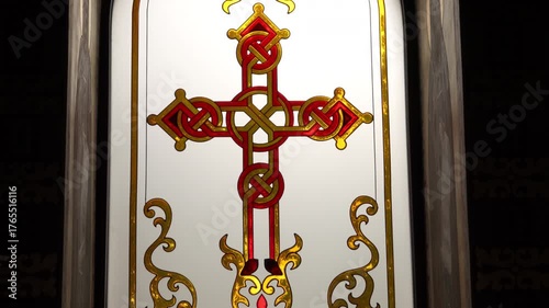 A decorative stained glass window inside a church glows with soft twilight light. The red and gold cross design shines through the darkness, symbolizing faith, hope, and divine beauty.