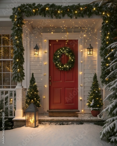 A cozy winter scene featuring a red front door adorned with a wreath and surrounded by evergreen garlands. Snow covers the ground, and warm lights illuminate the entrance.