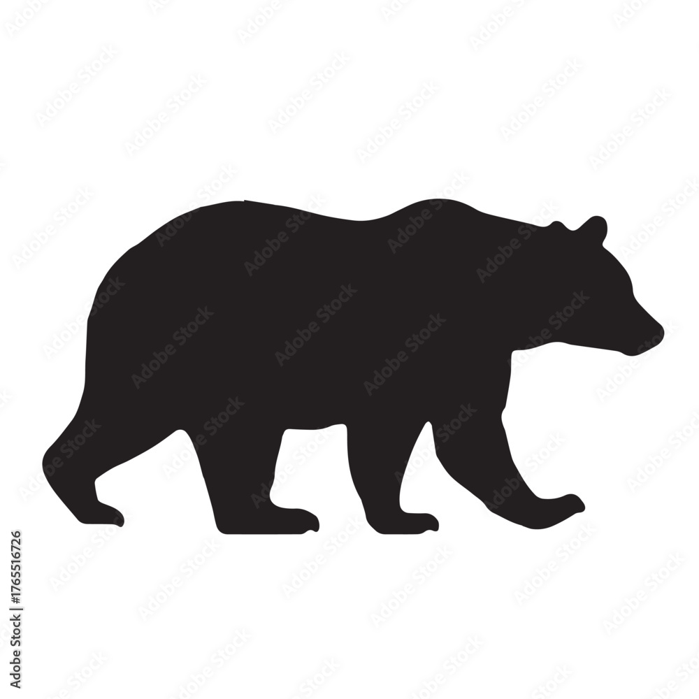 Fototapeta premium Bold black bear silhouette walking in profile. Simple vector graphic icon of a wild animal with a lifted paw 