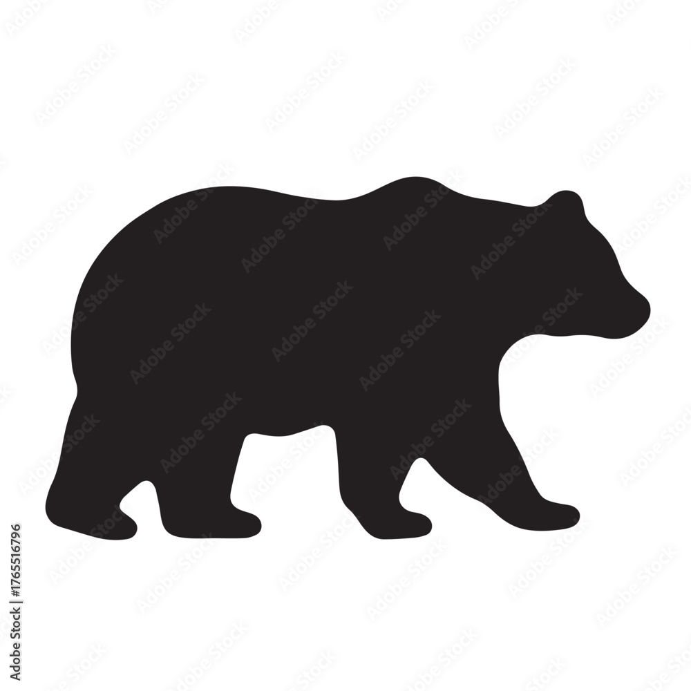 Fototapeta premium Bold black bear silhouette walking in profile. Simple vector graphic icon of a wild animal with a lifted paw 