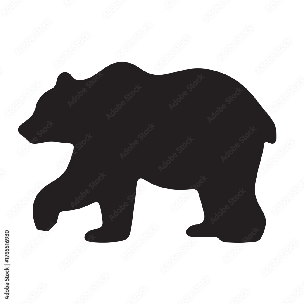 Fototapeta premium Bold black bear silhouette walking in profile. Simple vector graphic icon of a wild animal with a lifted paw 