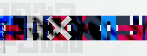 Abstract digital art. Blocks, squares, rectangles form chaotic pattern. Blue, red, black dominate composition. Minimalist style.