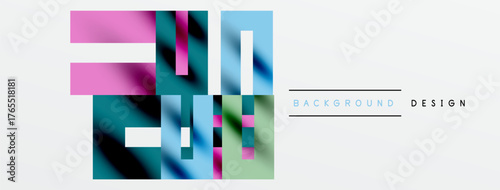 Abstract geometric shapes overlap, creating vibrant color blocks. Minimalist design with text elements indicating background usage.