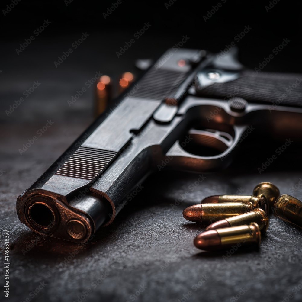 Obraz premium black handgun lies on a dark surface beside a scattered group of bullets, evoking themes of danger, protection, and the stark reality of armed force