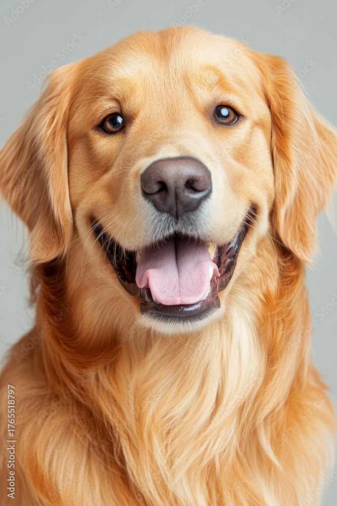 Obraz premium Charming Golden Retriever Portrait with Expressive Eyes Against a Soft Gray Background for Stock Use