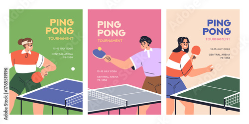 Ping pong posters set. Table tennis tournament, championship, promotion flyer design, invite card, game advertising. Sports event banner templates with players, rackets. Flat vector illustrations