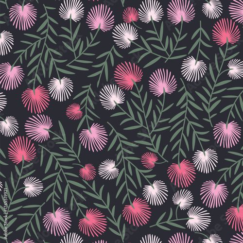 Floral Botanical Organic Pattern with Pink and White Blossoms on Dark Background for Elegant Nature Inspired Design and Modern Decor