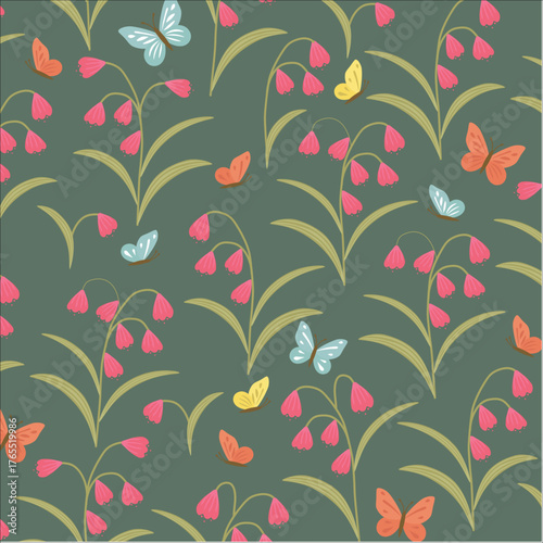 Spring Flowers with Butterflies Pattern Featuring Colorful Blooms and Flying Insects on Dark Background for Fresh Seasonal Nature Design