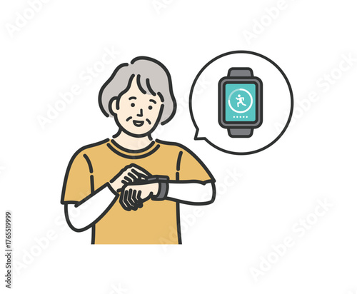 スマートウォッチで万歩計アプリを確認するシニア女性