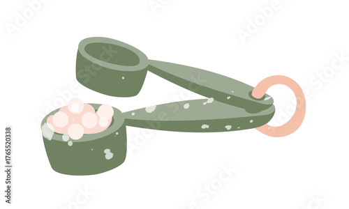 Measuring spoon with a handful of soap base granules. Spoons on a loop. Flat color illustration with paint splashes. Craft material. Soap making, cooking. Projects, workshops, design, education