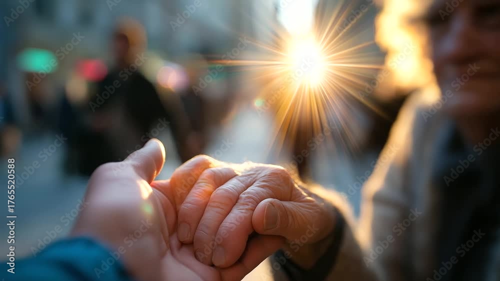 Stranger helping elderly person cross the street, urban background ...