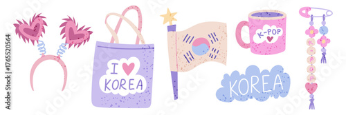 Fan souvenir items to support K-pop artists, musicians. Pin, bags, mug, flag, heart-shaped headband. Flat color illustration with texture. Korean industry. Youth fashion. Love for South Korea