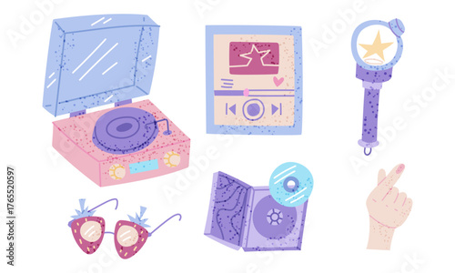 Fan souvenir items to support K-pop musicians. Heart fingers, light stick, glasses, album with disc, record player. Flat color illustration with texture. industry. Youth fashion. Love South Korea