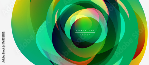 Abstract vibrant layers create dynamic circular composition. Green dominates, blending into blues, yellows, purples. Modern design element.