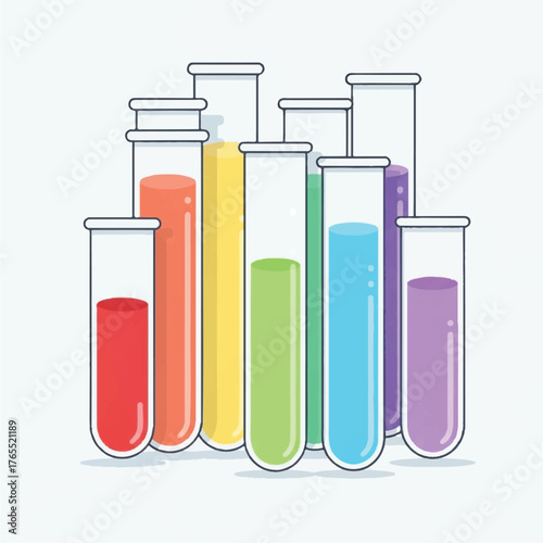 Scientific analysis illustration featuring a collection of multicolored liquid-filled test tubes, laboratory reagents