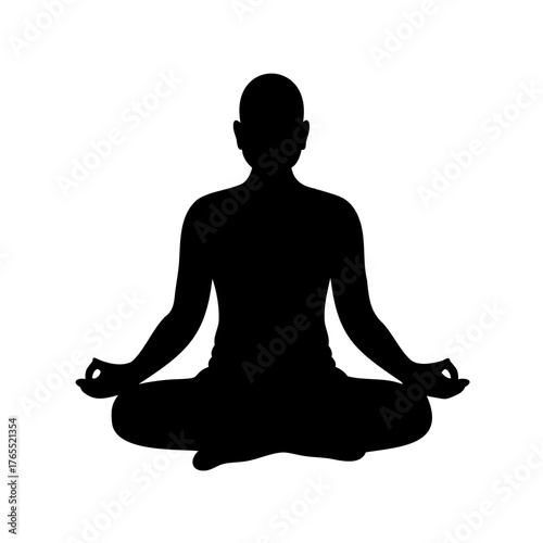 Silhouette of a person meditating in lotus position against a white background