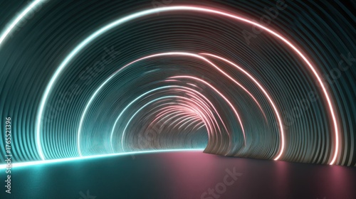 Fototapeta Naklejka Na Ścianę i Meble -  Abstract futuristic tunnel with neon lights and reflective floor for technology concepts