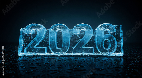 2026 frozen ice numbers glowing blue light on dark reflective background