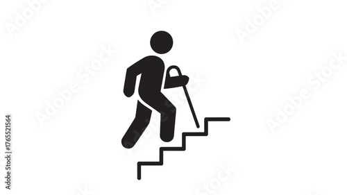 Person with cane climbs stairs simple black vector icon isolated on white background for accessibility and mobility concepts