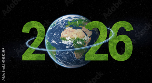 green 2026 numbers with earth planet and space background eco future concept