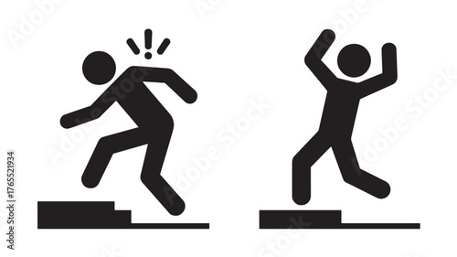 Stick figure falling down stairs simple vector illustration of accident and injury isolated on white background