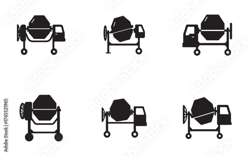 Collection of Cement Mixer Icons in Black Silhouette Style Depicting Construction Equipment and Building Industry Themes