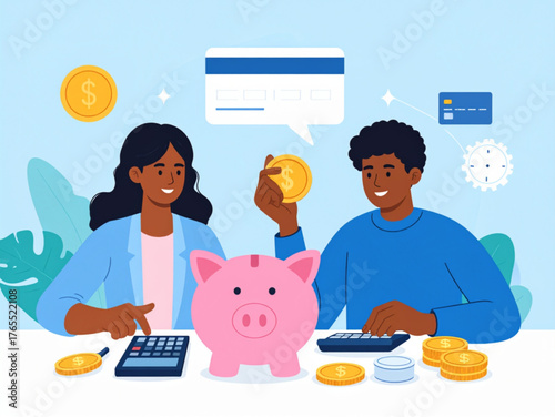Couple Saving Money with Piggy Bank and Coins, Flat Finance Illustration
