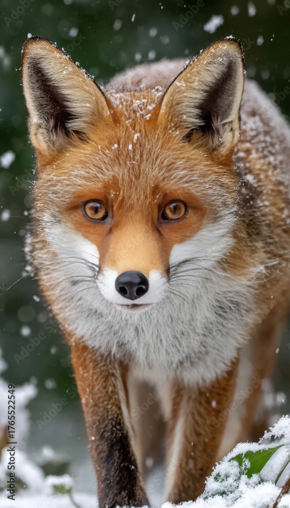 Obraz premium Majestic Red Fox Walking Gracefully Through a Serene Winter Wonderland with Fresh Snowfall