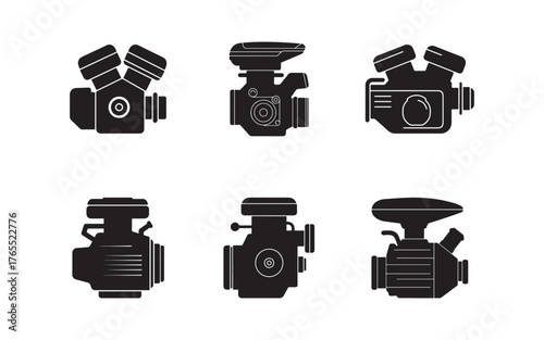 Collection of engine silhouette vector illustration set for various design and industrial applications depicting mechanical components and motor power sources