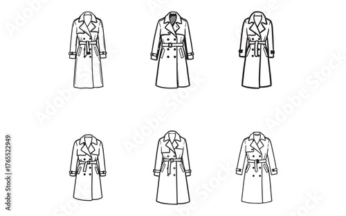 Collection of Fashionable Trench Coats Detailed Line Art Illustration Design for Style Guides and Apparel Catalogs Seamless Pattern Background
