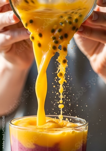 Exotic passion fruit juice being poured, creating refreshing beverage