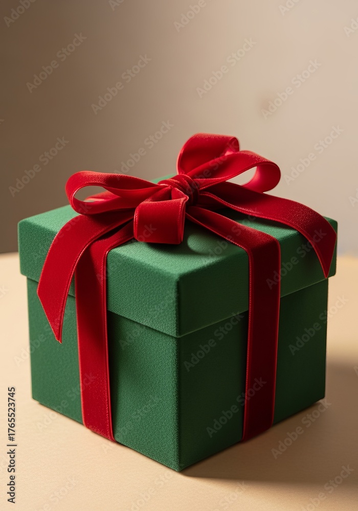 Obraz premium A green gift box with a red velvet ribbon and bow. Elegant wrapped present for a special occasion. Christmas or birthday holiday celebration concept